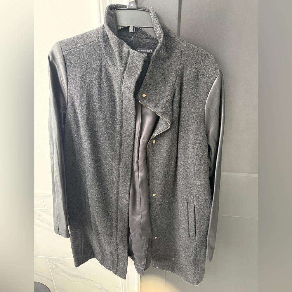 Eileen Fisher Gray Jacket with Leather Accents